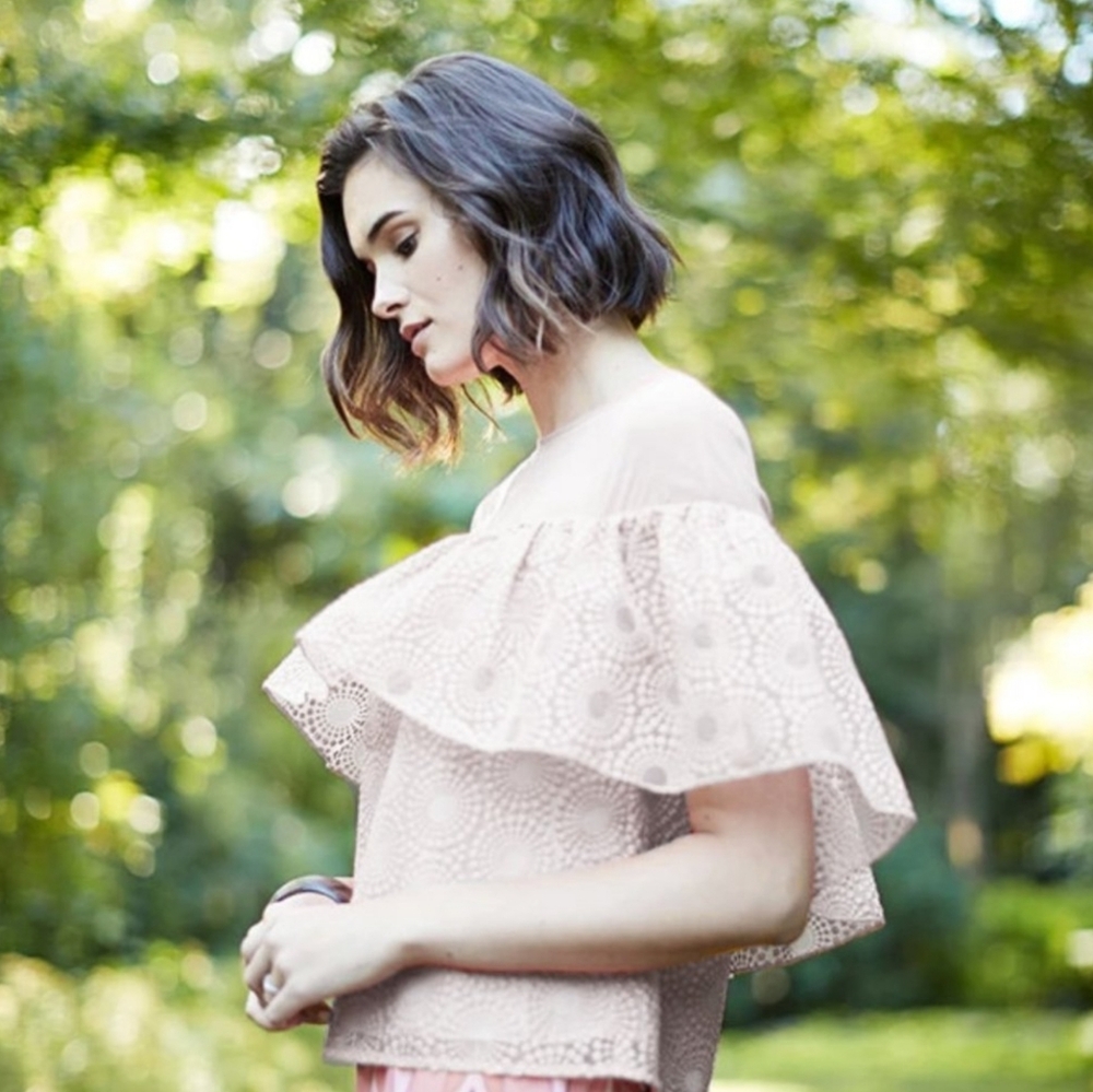 Abbey Glass Coral Peach Embroidered Sheer Blouse